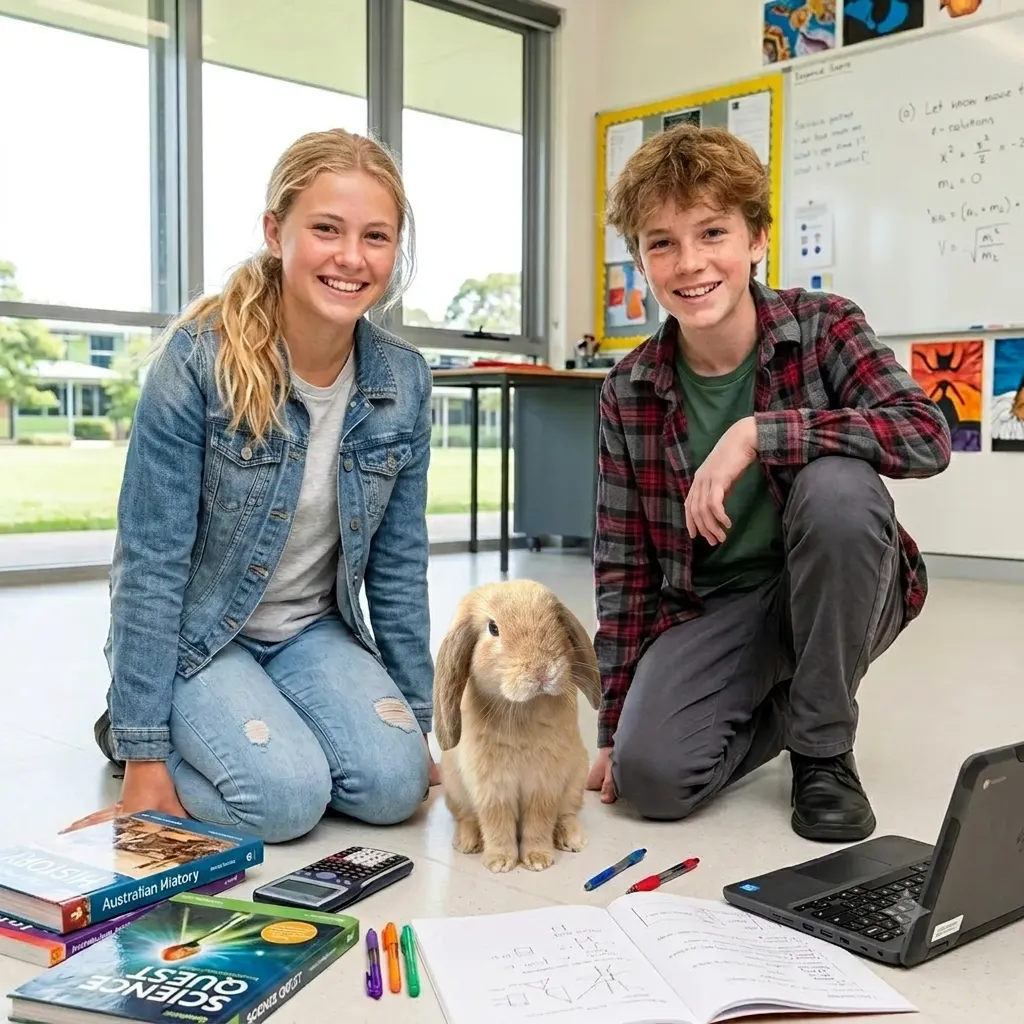 2 teenaged children in class with waffles rabbit